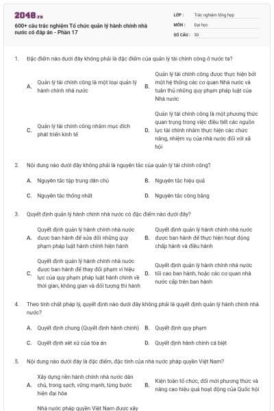 600+ câu trắc nghiệm Tổ chức quản lý hành chính nhà nước có đáp án - Phần 17