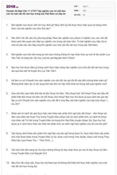 Chuyên đề Ngữ Văn 11 CTST Tập nghiên cứu và viết báo cáo về một vấn đề văn học trung đại Việt Nam có đáp án