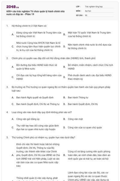 600+ câu trắc nghiệm Tổ chức quản lý hành chính nhà nước có đáp án - Phần 19