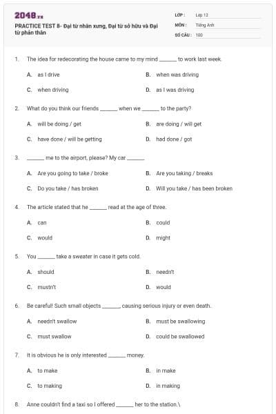 PRACTICE TEST 8- Đại từ nhân xưng, Đại từ sở hữu và Đại từ phản thân