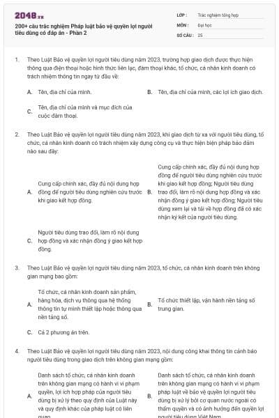 200+ câu trắc nghiệm Pháp luật bảo vệ quyền lợi người tiêu dùng có đáp án - Phần 2