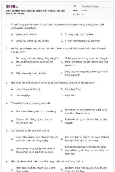200+ câu trắc nghiệm Địa lý kinh tế Việt Nam và Thế Giới có đáp án - Phần 1