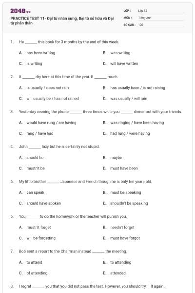 PRACTICE TEST 11- Đại từ nhân xưng, Đại từ sở hữu và Đại từ phản thân