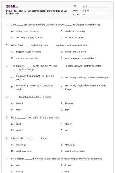 PRACTICE TEST 12- Đại từ nhân xưng, Đại từ sở hữu và Đại từ phản thân