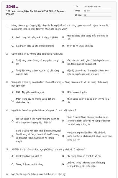 100+ câu trắc nghiệm Địa lý kinh tế Thế Giới có đáp án - Phần 2
