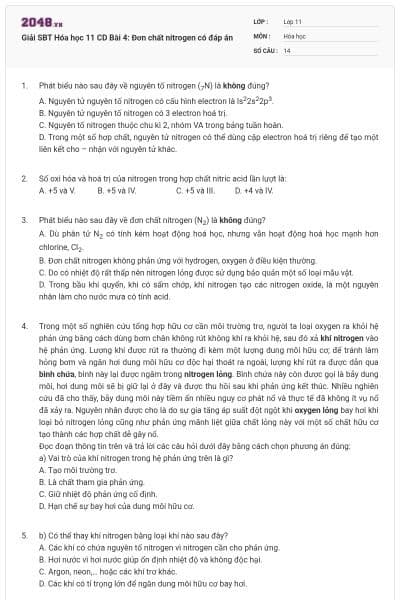 Giải SBT Hóa học 11 CD Bài 4: Đơn chất nitrogen có đáp án