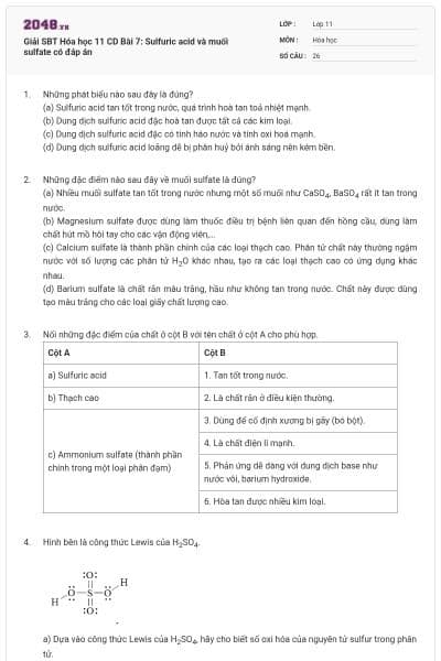 Giải SBT Hóa học 11 CD Bài 7: Sulfuric acid và muối sulfate có đáp án