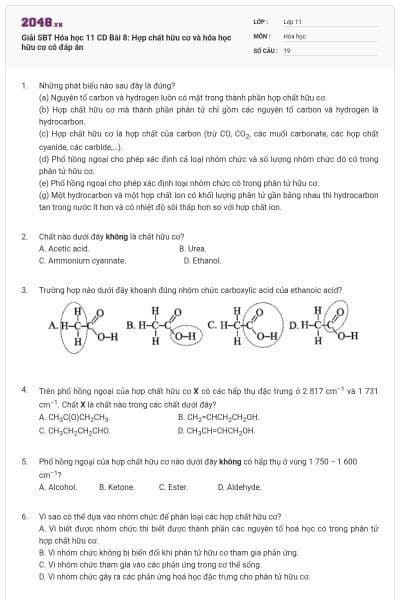 Giải SBT Hóa học 11 CD Bài 8: Hợp chất hữu cơ và hóa học hữu cơ có đáp án