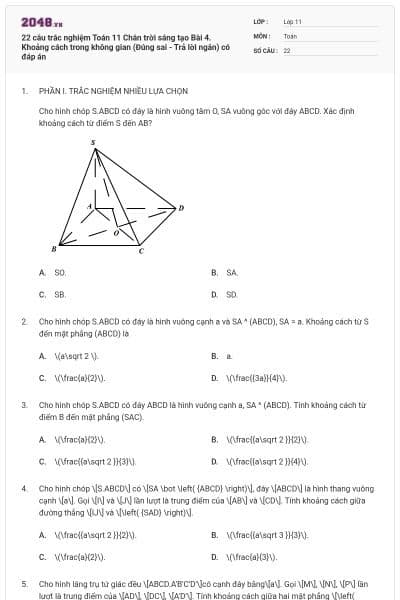 22 câu trắc nghiệm Toán 11 Chân trời sáng tạo Bài 4. Khoảng cách trong không gian (Đúng sai - Trả lời ngắn) có đáp án