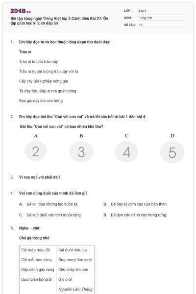 Bài tập hàng ngày Tiếng Việt lớp 2 Cánh diều Bài 27: Ôn tập giữa học kì 2 có đáp án