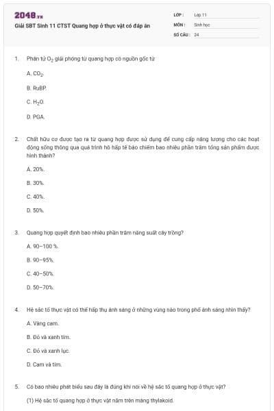 Giải SBT Sinh 11 CTST Quang hợp ở thực vật có đáp án