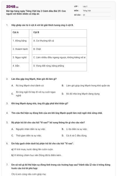 Bài tập hàng ngày Tiếng Việt lớp 2 Cánh diều Bài 29: Con người với thiên nhiên có đáp án