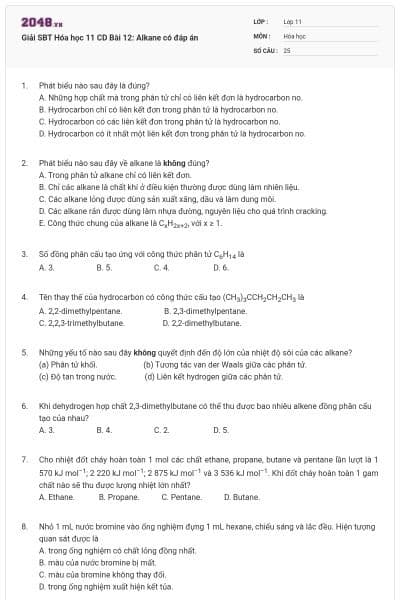 Giải SBT Hóa học 11 CD Bài 12: Alkane có đáp án