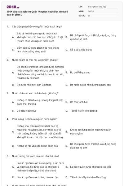 100+ câu trắc nghiệm Quản lý nguồn nước bền vững có đáp án phần 2
