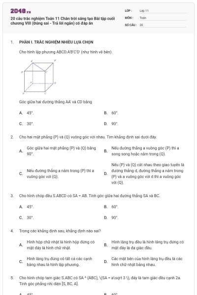 20 câu trắc nghiệm Toán 11 Chân trời sáng tạo Bài tập cuối chương VIII (Đúng sai - Trả lời ngắn) có đáp án