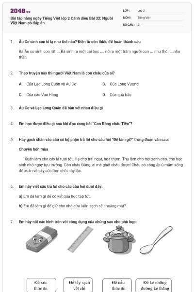 Bài tập hàng ngày Tiếng Việt lớp 2 Cánh diều Bài 32: Người Việt Nam có đáp án