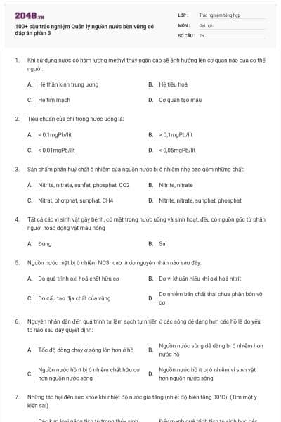 100+ câu trắc nghiệm Quản lý nguồn nước bền vững có đáp án phần 3