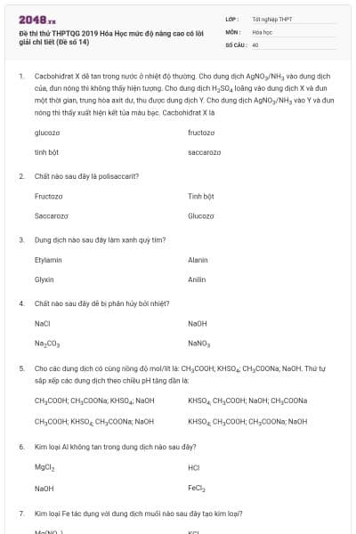 Đề thi thử THPTQG 2019 Hóa Học mức độ nâng cao có lời giải chi tiết (Đề số 14)