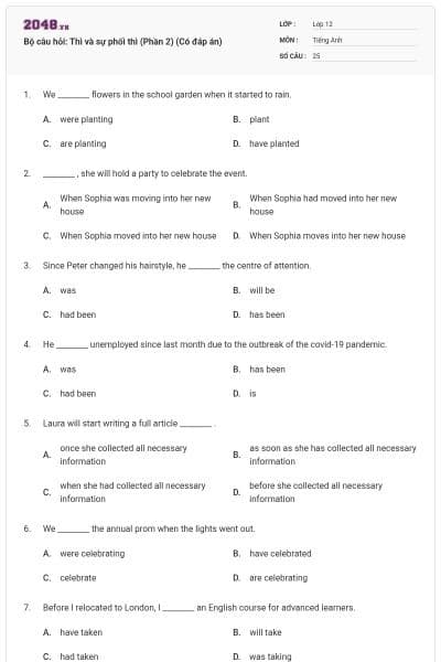 Bộ câu hỏi: Thì và sự phối thì (Phần 2) (Có đáp án)