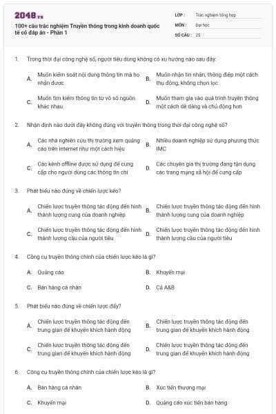 100+ câu trắc nghiệm Truyền thông trong kinh doanh quốc tế có đáp án - Phần 1