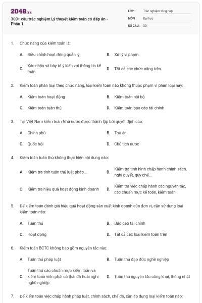 300+ câu trắc nghiệm Lý thuyết kiểm toán có đáp án - Phần 1