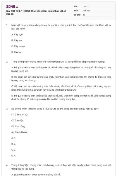 Giải SBT Sinh 11 CTST Thực hành Cảm ứng ở thực vật có đáp án