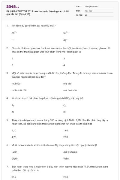 Đề thi thử THPTQG 2019 Hóa Học mức độ nâng cao có lời giải chi tiết (Đề số 15)