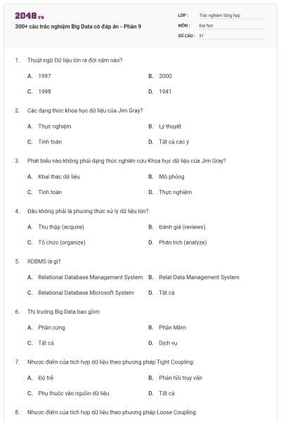 300+ câu trắc nghiệm Big Data có đáp án - Phần 9