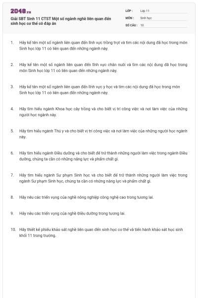 Giải SBT Sinh 11 CTST Một số ngành nghề liên quan đến sinh học cơ thể có đáp án
