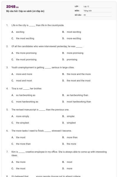 Bộ câu hỏi: Cấp so sánh (có đáp án)