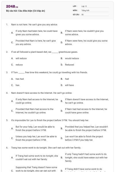 Bộ câu hỏi: Câu điều kiện (Có đáp án)