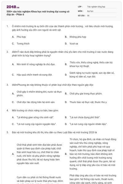 500+ câu trắc nghiệm Khoa học môi trường đại cương có đáp án - Phần 6