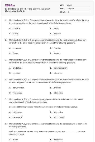Bộ 3 Đề kiểm tra Unit 10 - Tiếng anh 10 iLearn Smart World có đáp án (Đề 1)