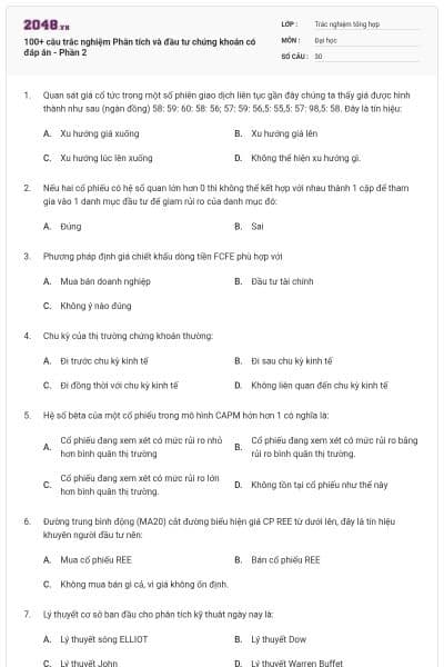 100+ câu trắc nghiệm Phân tích và đầu tư chứng khoán có đáp án - Phần 2