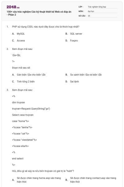 100+ câu trắc nghiệm Các kỹ thuật thiết kế Web có đáp án - Phần 2
