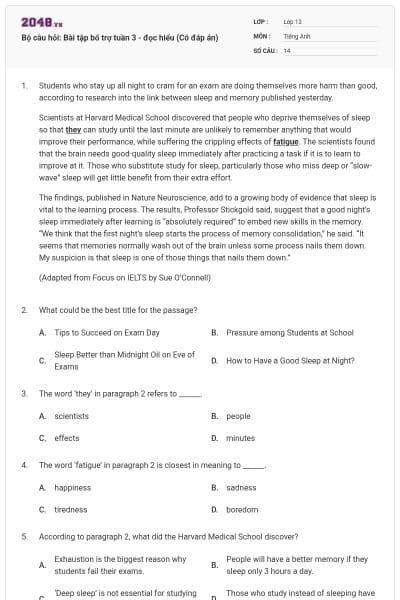 Bộ câu hỏi: Bài tập bổ trợ tuần 3 - đọc hiểu (Có đáp án)