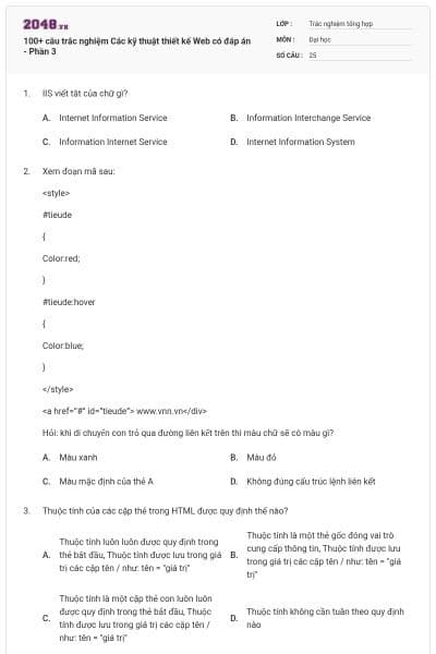 100+ câu trắc nghiệm Các kỹ thuật thiết kế Web có đáp án - Phần 3