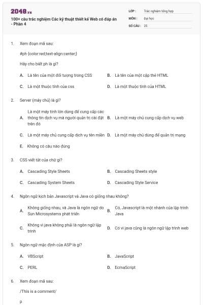 100+ câu trắc nghiệm Các kỹ thuật thiết kế Web có đáp án - Phần 4