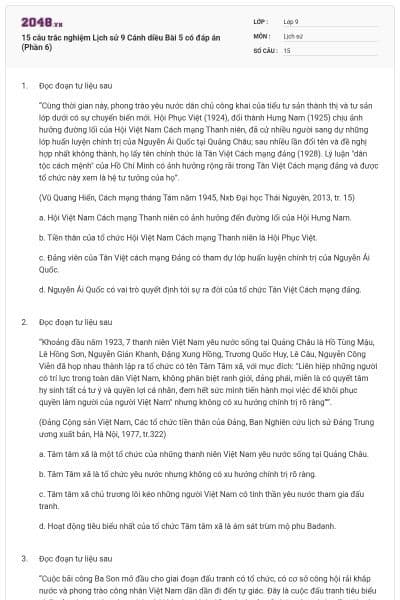 15 câu trắc nghiệm Lịch sử 9 Cánh diều Bài 5 có đáp án (Phần 6)