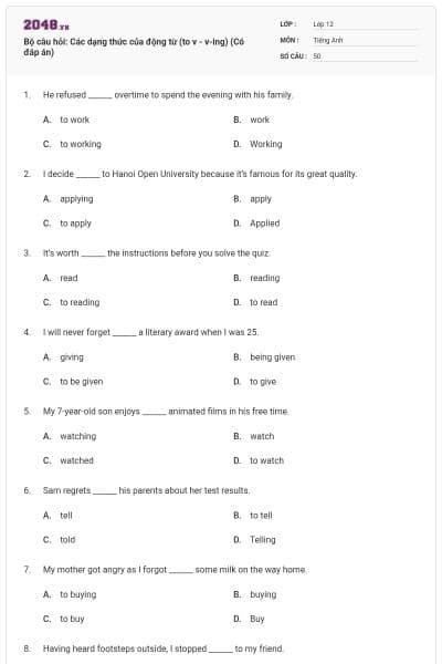 Bộ câu hỏi: Các dạng thức của động từ (to v - v-ing) (Có đáp án)