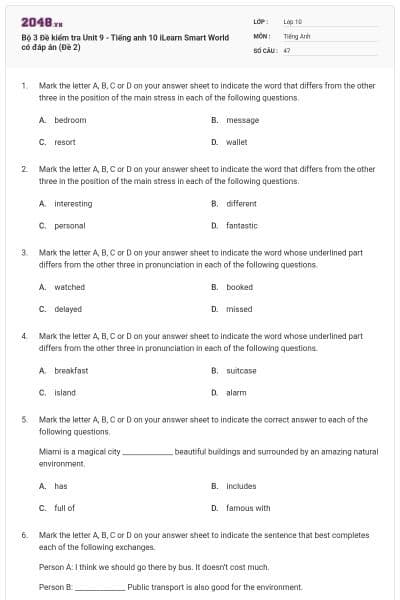 Bộ 3 Đề kiểm tra Unit 9 - Tiếng anh 10 iLearn Smart World có đáp án (Đề 2)