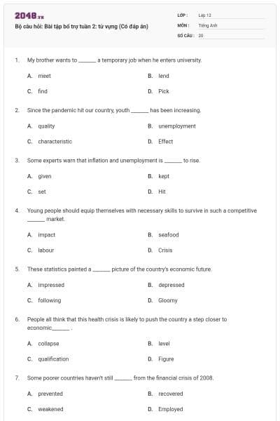 Bộ câu hỏi: Bài tập bổ trợ tuần 2: từ vựng (Có đáp án)