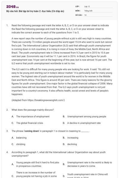 Bộ câu hỏi: Bài tập bổ trợ tuần 2: đọc hiểu (Có đáp án)