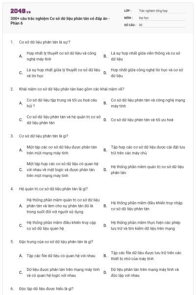 300+ câu trắc nghiệm Cơ sở dữ liệu phân tán có đáp án - Phần 6