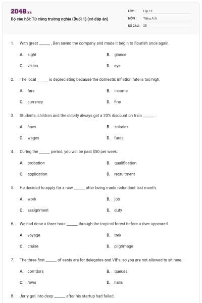 Bộ câu hỏi: Từ cùng trường nghĩa (Buổi 1) (có đáp án)