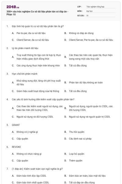 300+ câu trắc nghiệm Cơ sở dữ liệu phân tán có đáp án - Phần 10