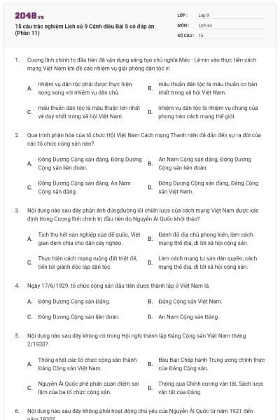 15 câu trắc nghiệm Lịch sử 9 Cánh diều Bài 5 có đáp án (Phần 11)