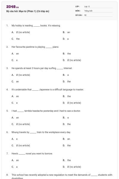 Bộ câu hỏi: Mạo từ (Phần 1) (Có đáp án)