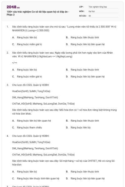 100+ câu trắc nghiệm Cơ sở dữ liệu quan hệ có đáp án - Phần 3