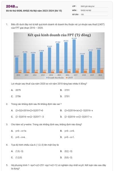 Đề thi thử ĐGNL ĐHQG Hà Nội năm 2023-2024 (Đề 15)